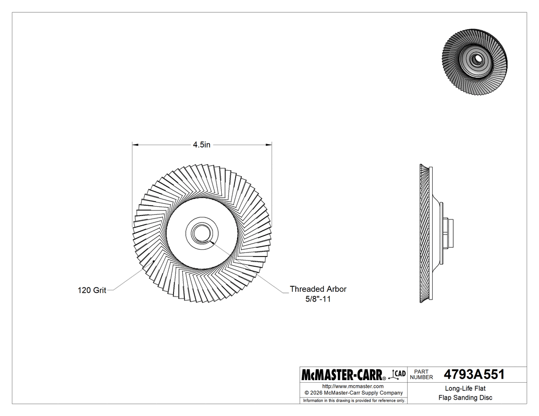 Technical Drawing of Long-Life Flat Flap Sanding Disc, with Threaded Arbor, for Smooth Finish, 4-1/2" Diameter, 120 Grit.